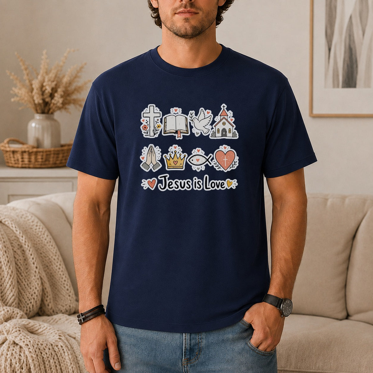 Navy t-shirt with Jesus is Love graphic, featuring Christian symbols and icons.