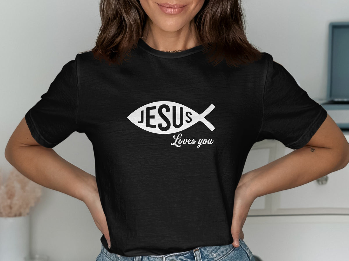 Black t-shirt with white Jesus fish symbol and text "Jesus Loves you".