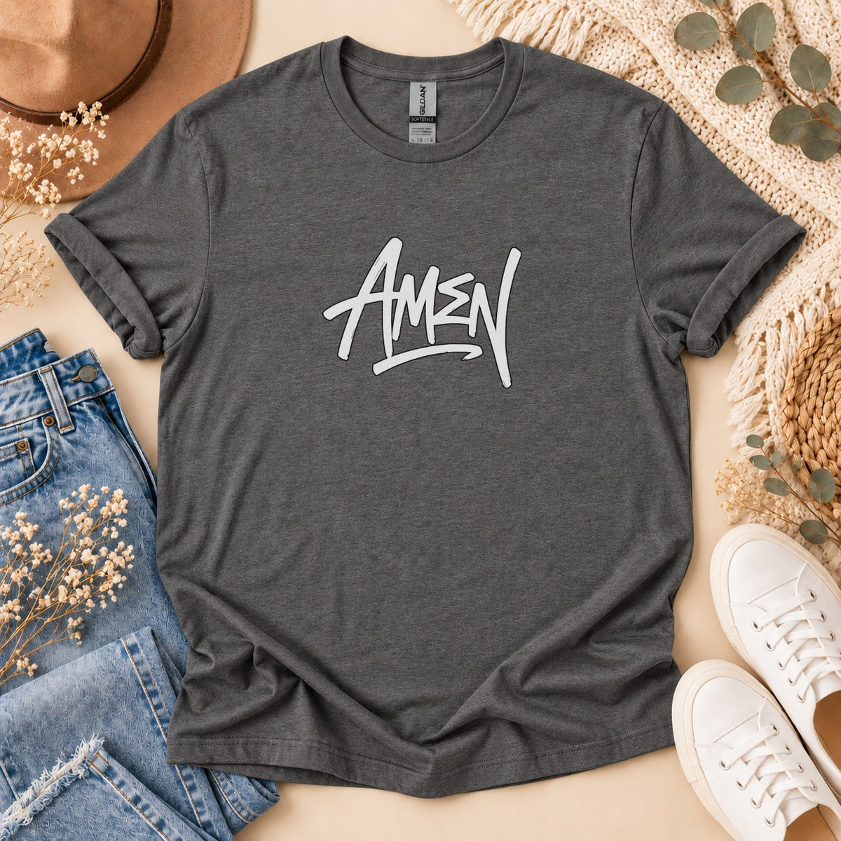 Dark gray t-shirt with white "AMEN" graphic and rolled sleeves.