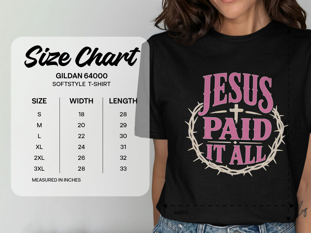Size chart for Gildan 64000 Softstyle t-shirt with chest width and length measurements.