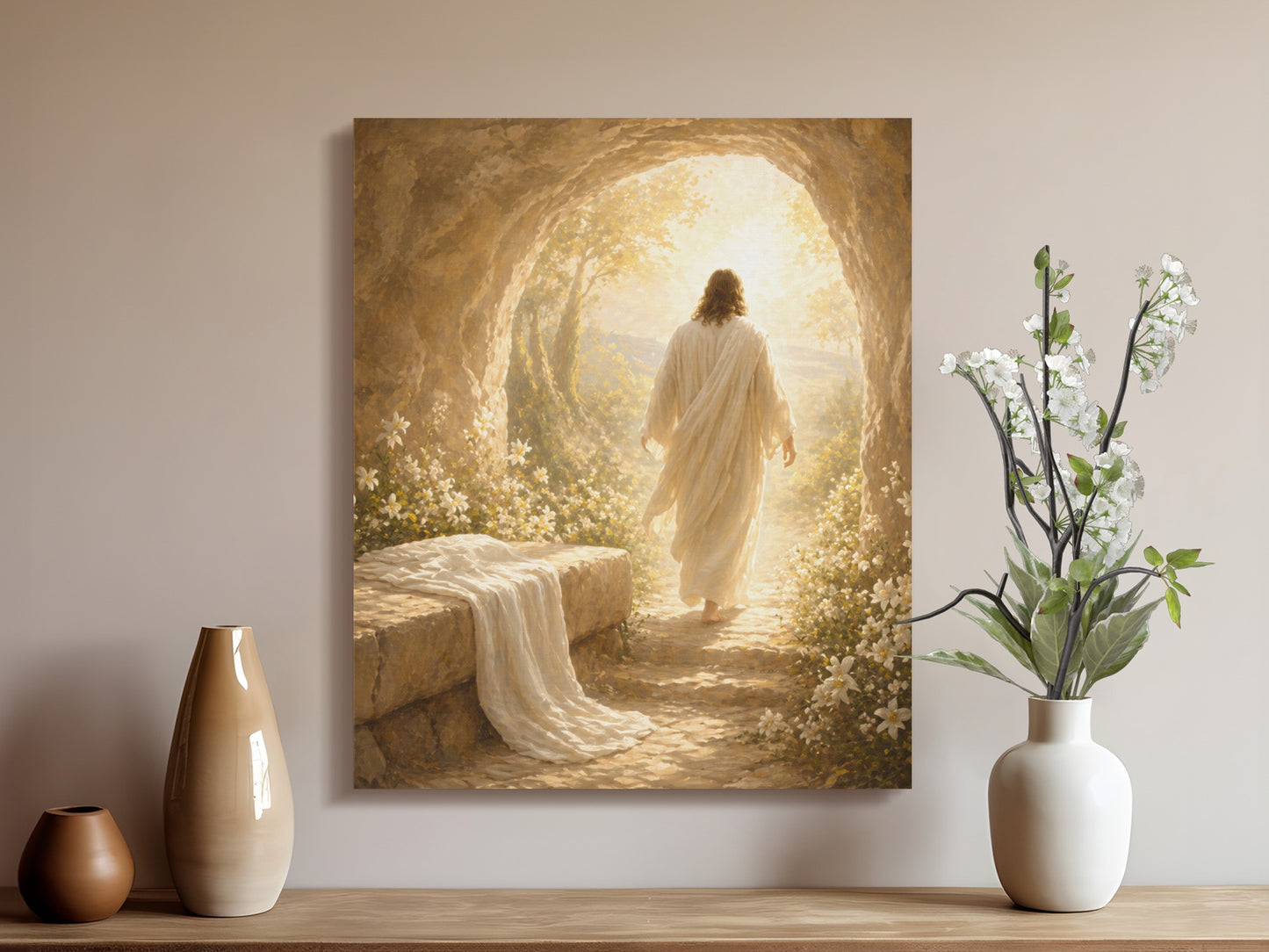 Jesus in a white robe walking into a bright cave with flowers.