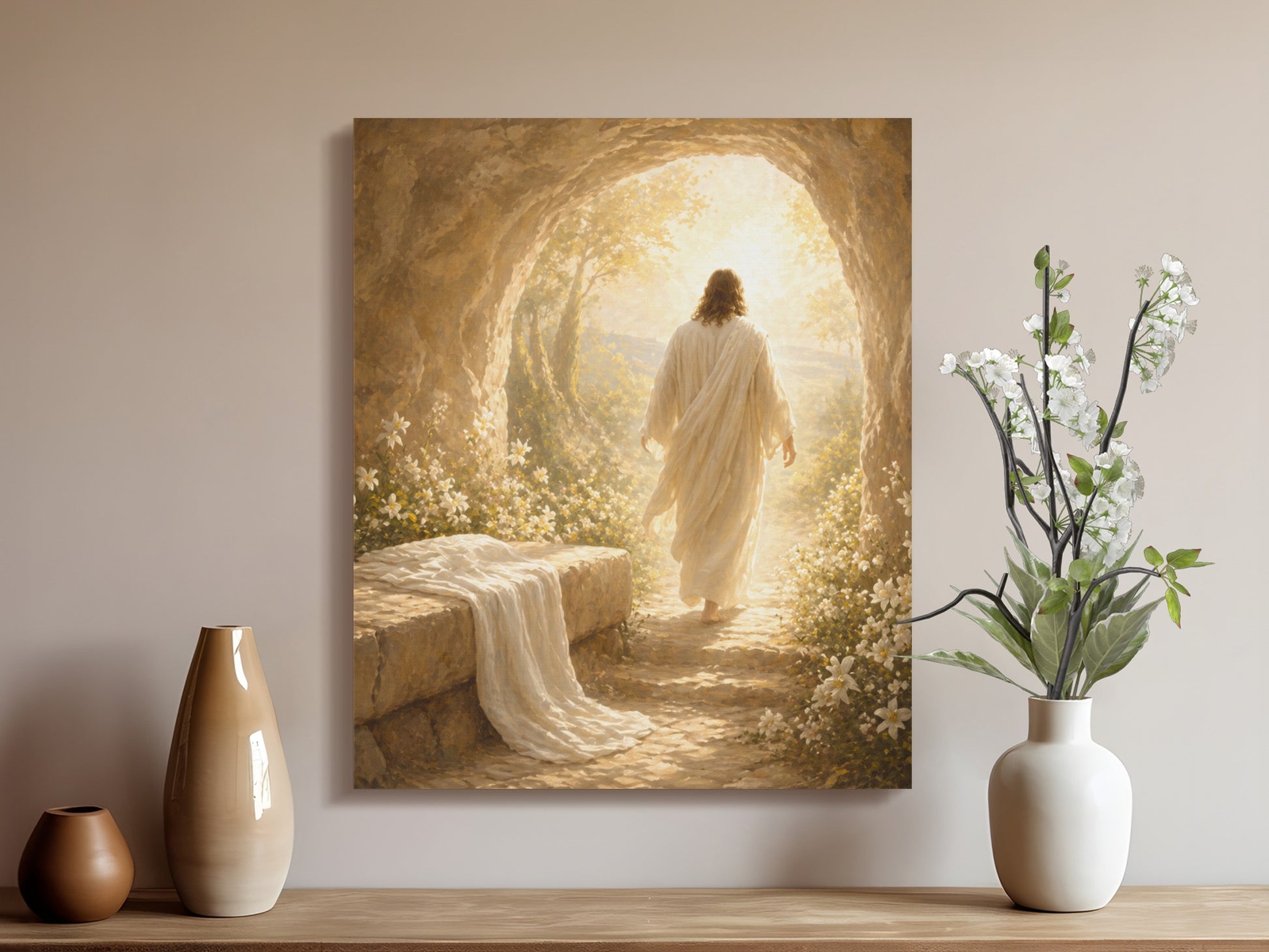 Jesus in a white robe walking into a bright cave with flowers.