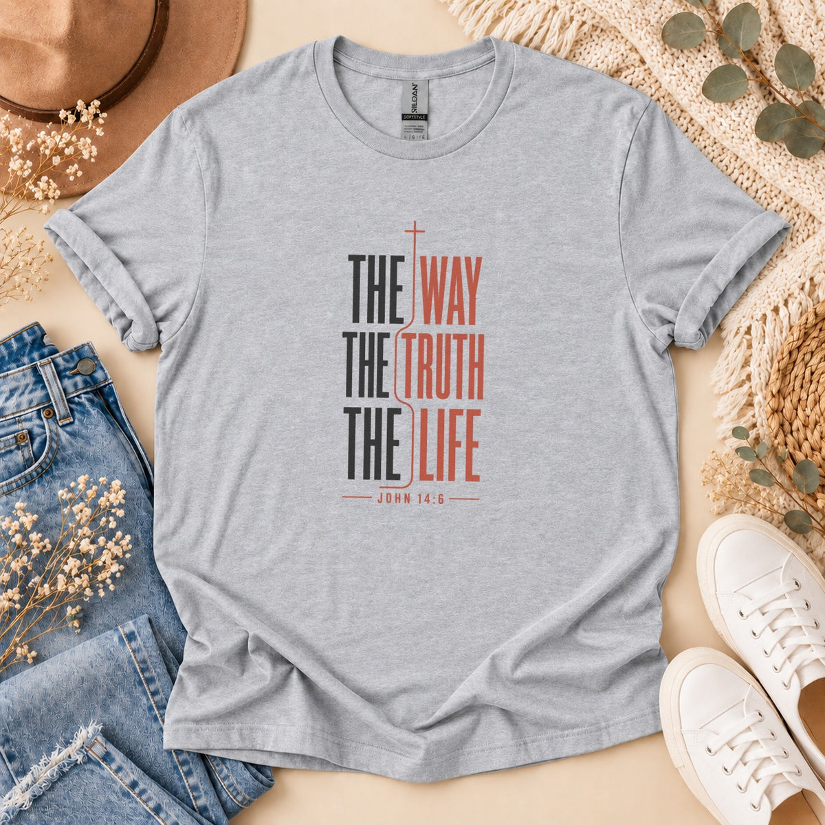 Light gray t-shirt with "The Way The Truth The Life" and "John 14:6" printed.