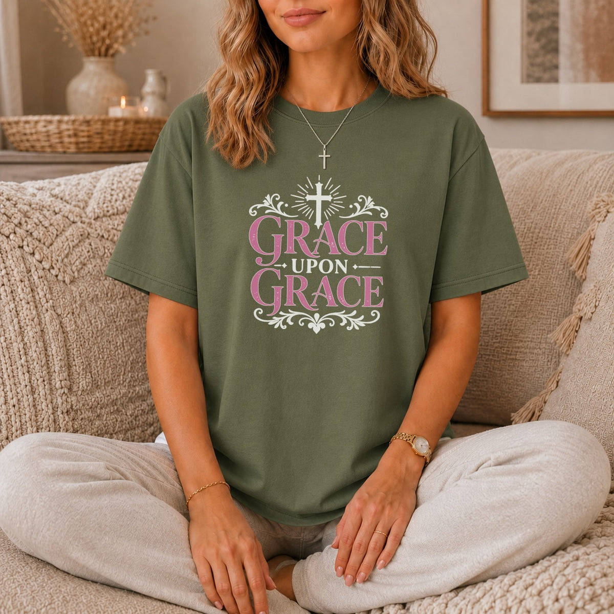 Olive green t-shirt with "GRACE UPON GRACE" text and a cross design.