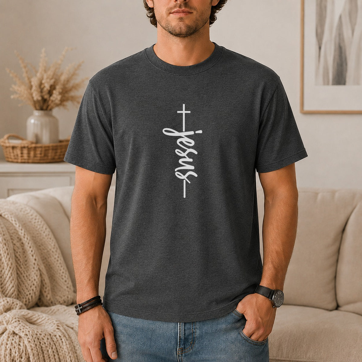 Dark gray t-shirt with white vertical "Jesus" text and cross graphic.