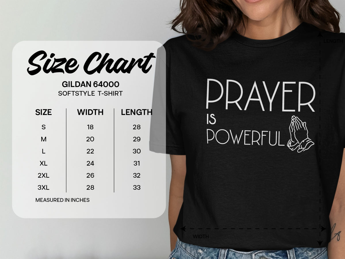 Gildan 64000 Softstyle T-Shirt size chart with measurements in inches.
