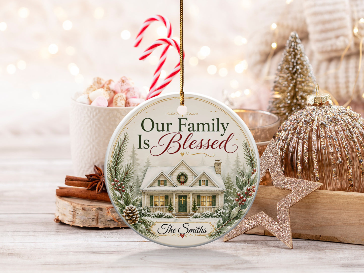 Christmas ornament with house, "Our Family Is Blessed," and "The Smiths."