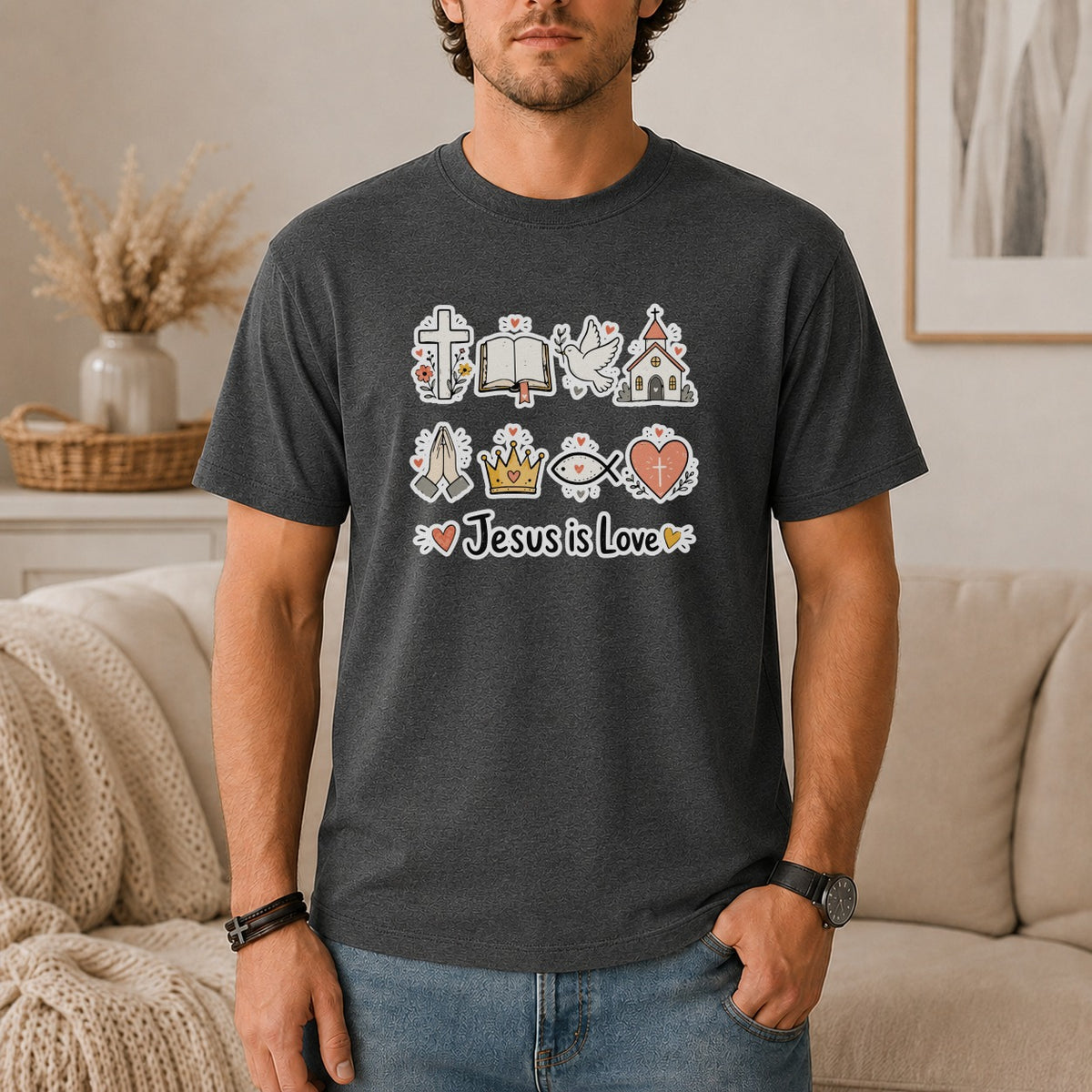 Dark grey t-shirt with "Jesus is Love" graphic and religious icons.