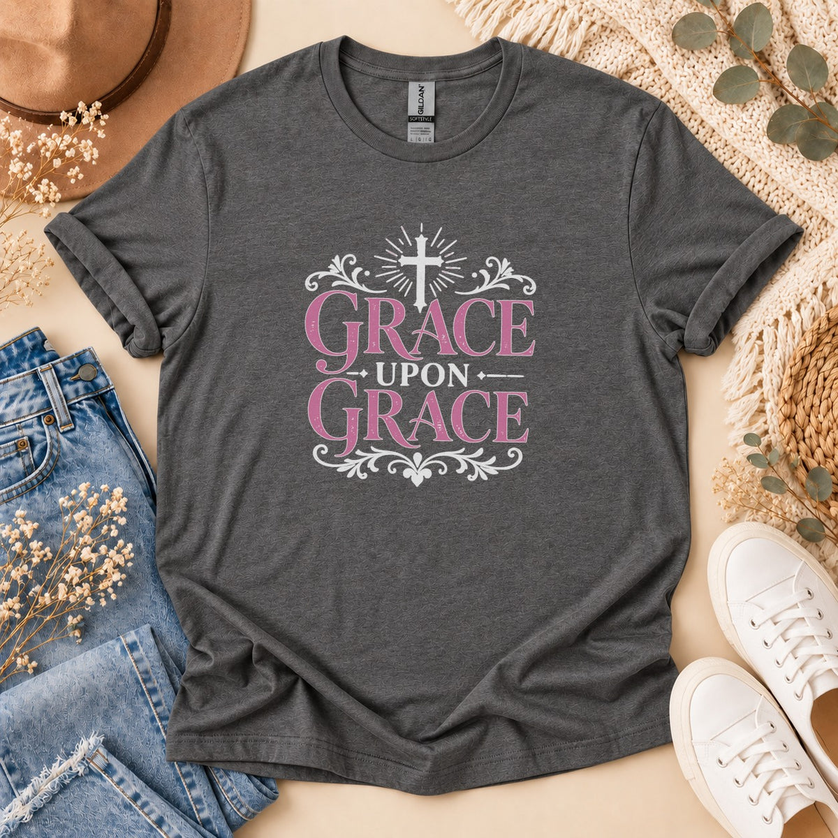 Dark grey t-shirt with pink text "Grace Upon Grace" and a cross graphic.