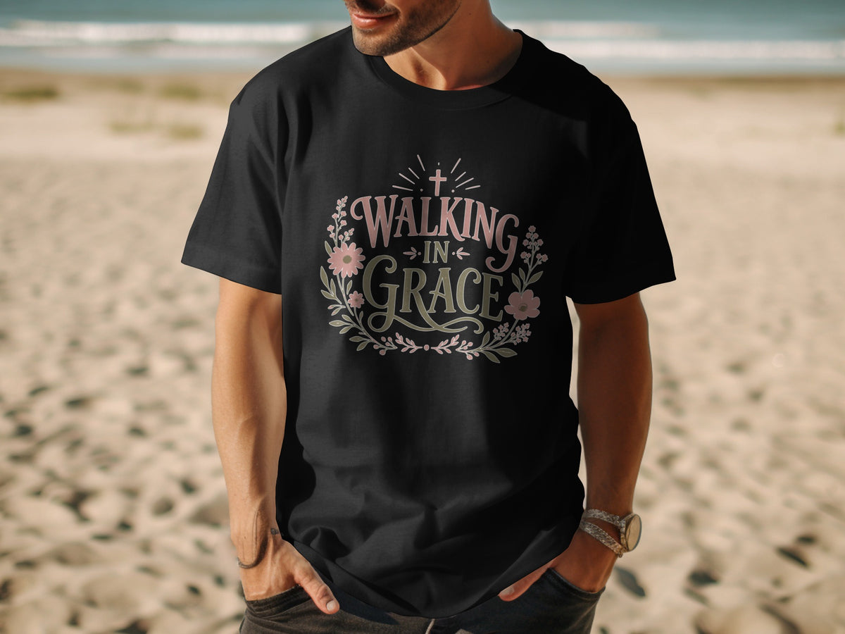 Black t-shirt with "Walking in Grace" floral text design.
