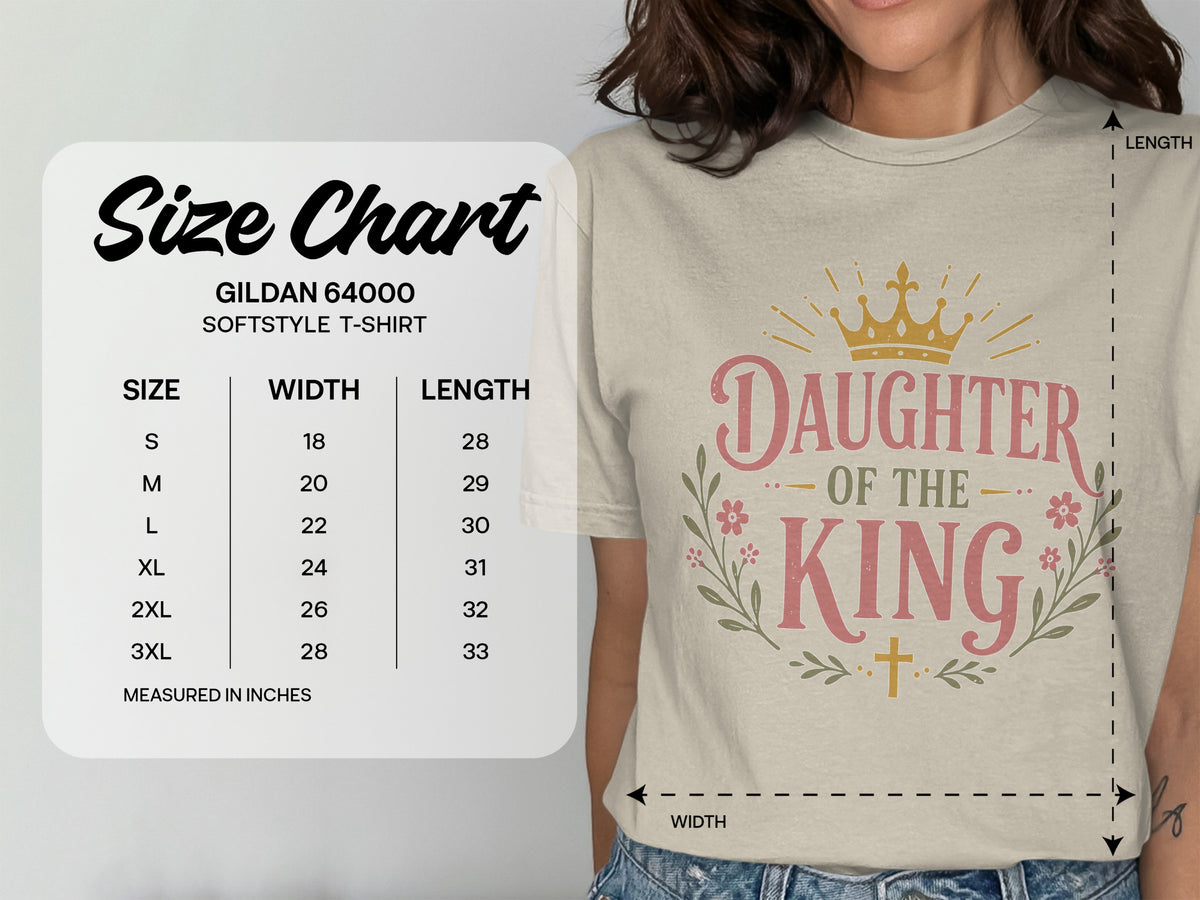 Gildan 64000 Softstyle t-shirt size chart with measurements in inches.
