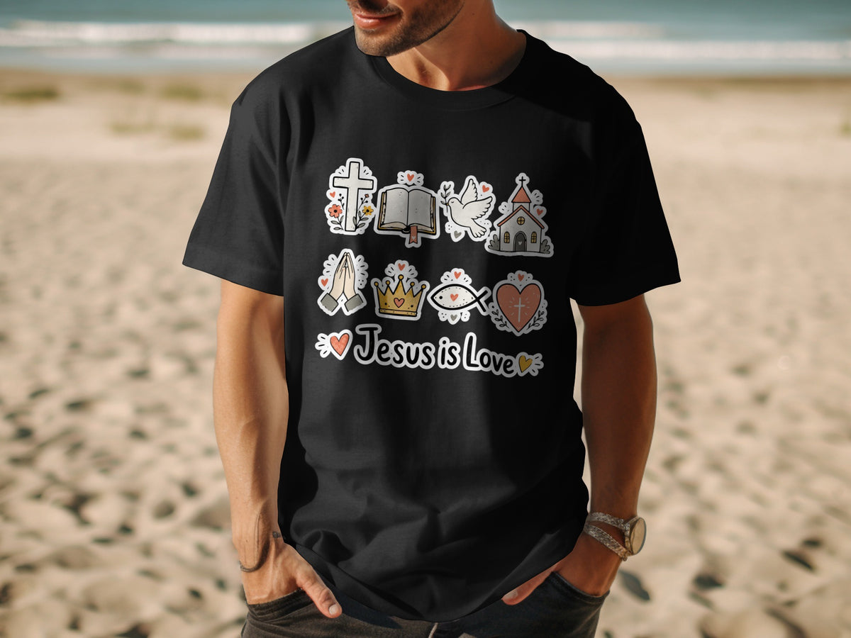 Black t-shirt with a graphic featuring a cross, book, dove, church, hands, crown, fish, heart, and "Jesus is Love".
