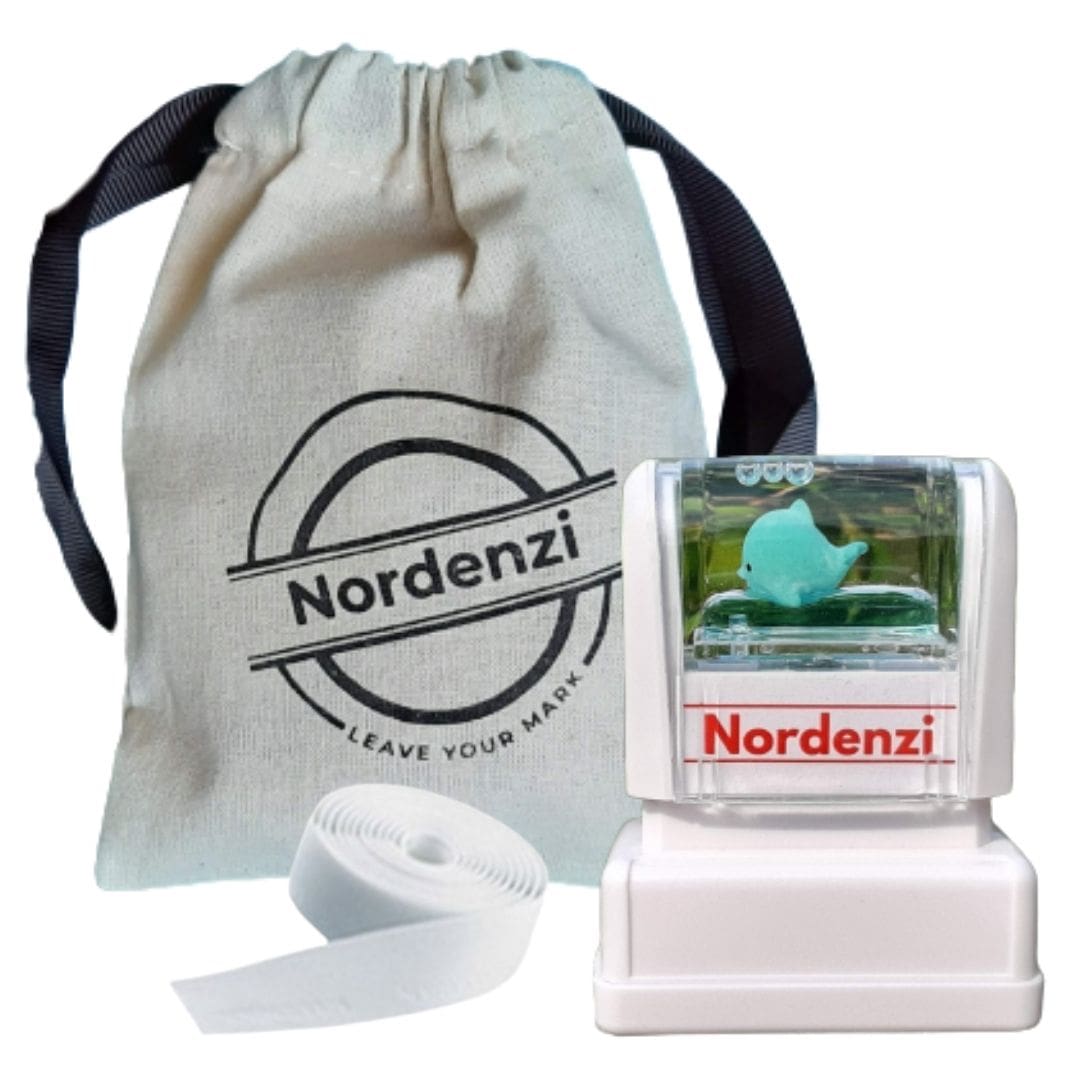 custom name stamp set Nordenzi white canvas pouch